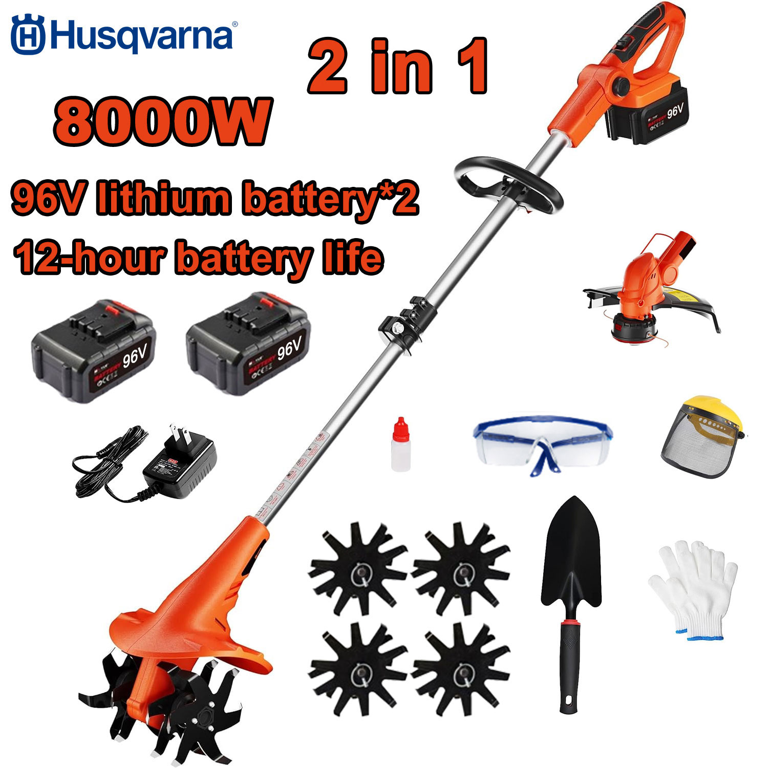 Cultivator electric 2 în 1 de 8000 W + 1 cap de tăiere + baterie de 296 V + lamă de cultivator cu încărcare rapidă + set complet de accesorii
