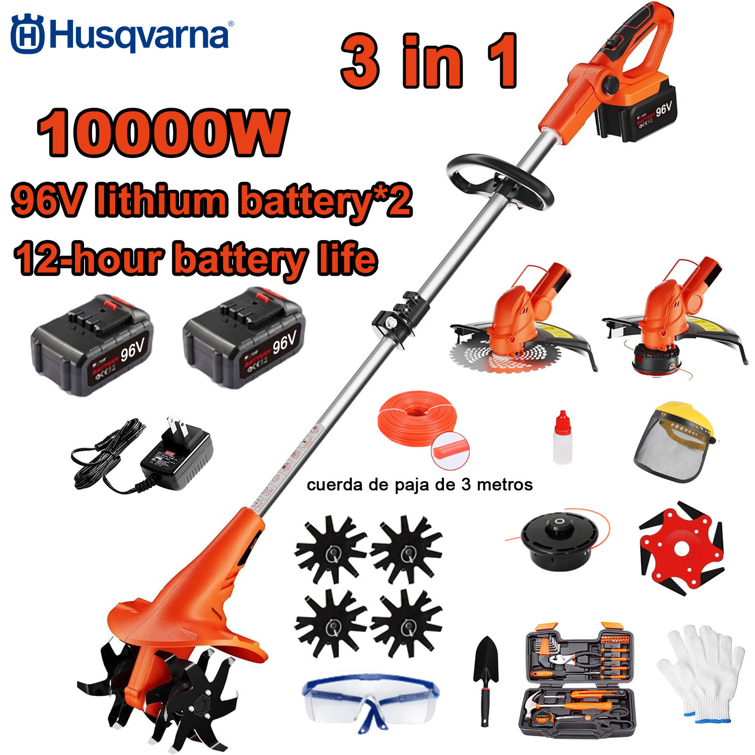 Cultivator 3 în 1 de mare putere de 10000 W (cosit iarba, arat, tuns iarba) + baterie de 96 V 2+ încărcare rapidă + cuțit cultivator + cap de tăiere + frânghie de tăiere de 3 m * 3+ mașină de tuns iarba * 6, + set complet de accesorii