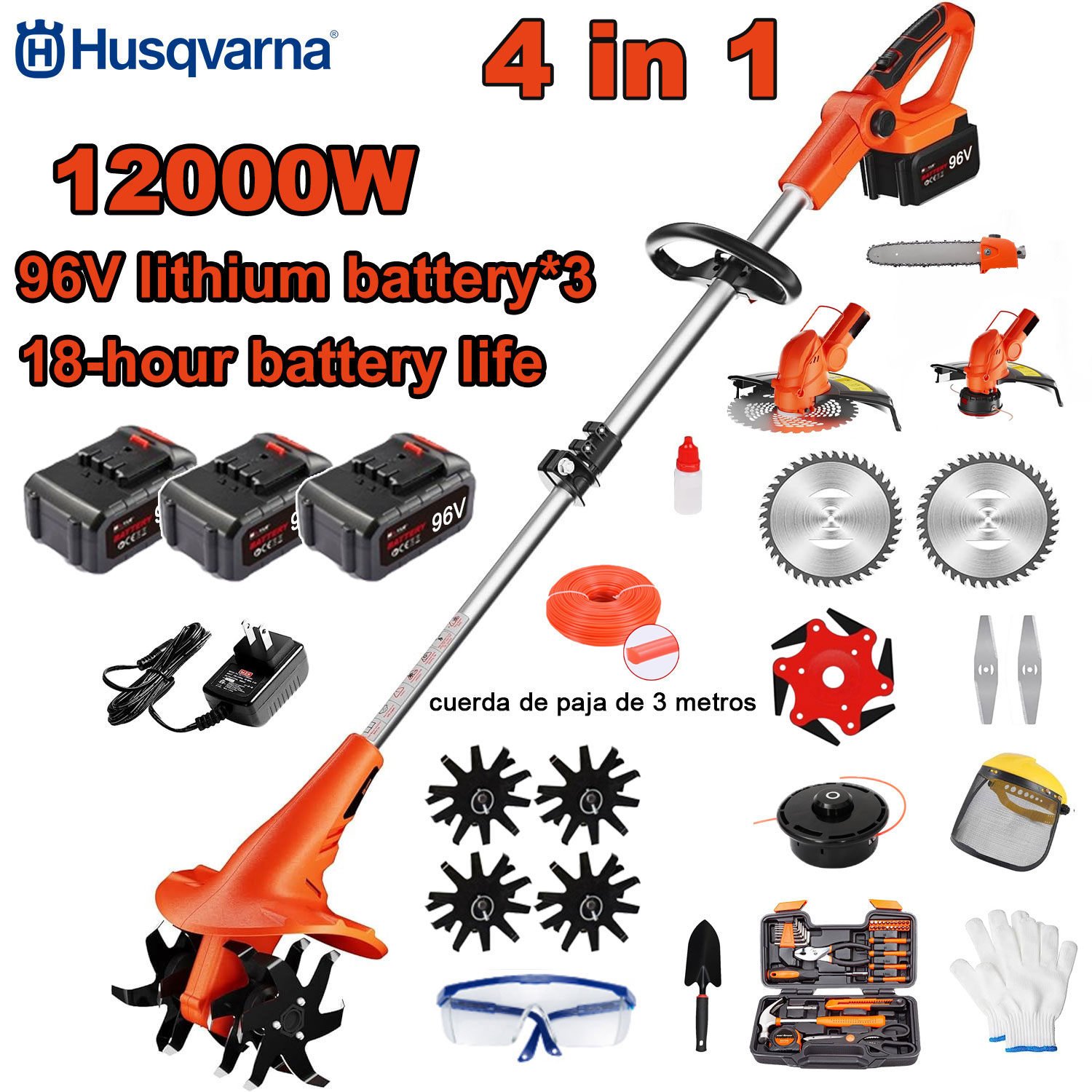 Cultivator electric 4 în 1 de 12000 W (cosit iarba, tăiere copaci, cultivarea solului etc.) Baterie de 96 V*3 + încărcător rapid + cultivator + cap de tăiere + frânghie de tăiere de 3 m*3 + lamă de ferăstrău din aliaj + lamă*6 + lamă dreaptă + set complet de accesorii