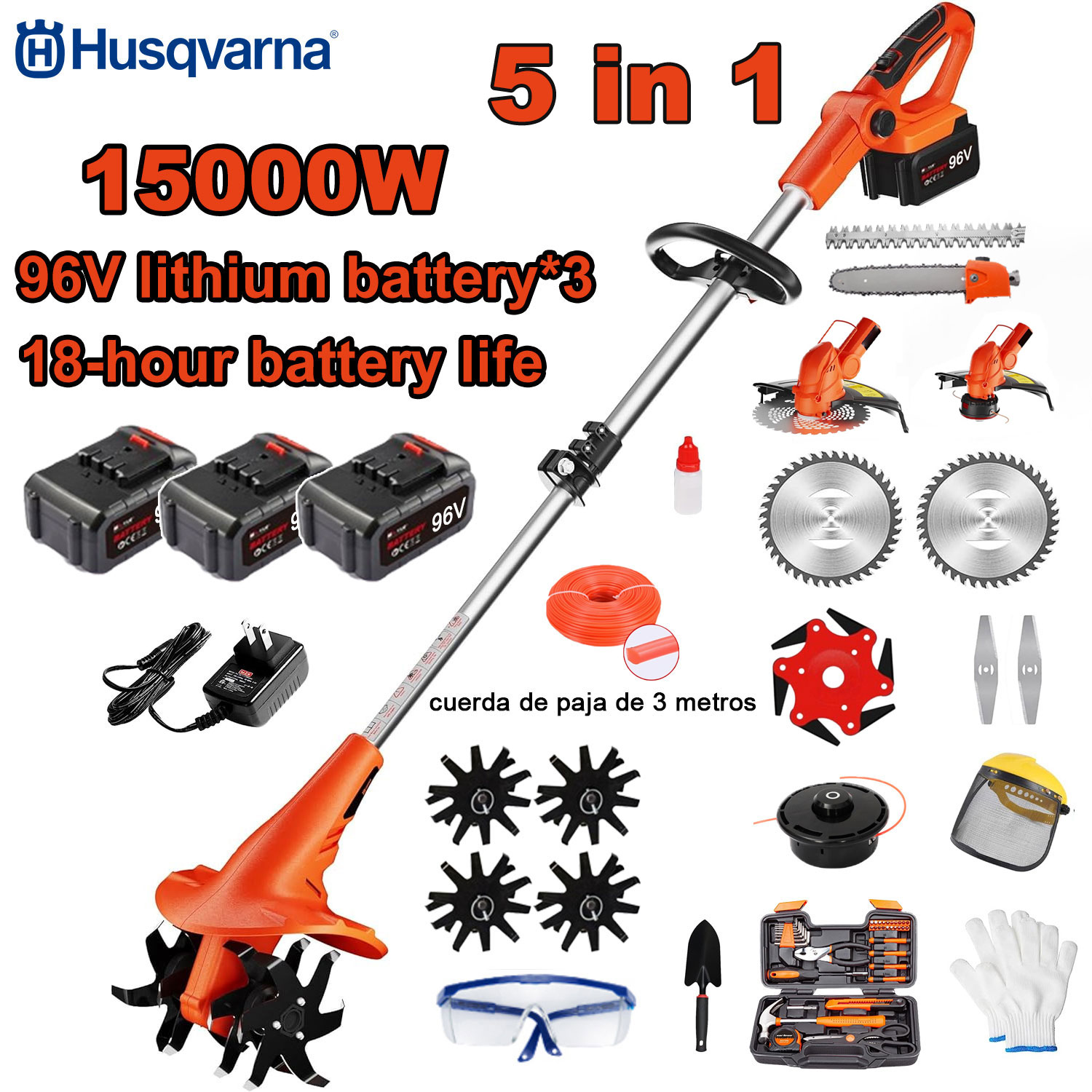 Cultivator electric 5 în 1 de 15000 W (cosit iarba, tăiere copaci, prelucrarea solului etc.) Baterie de 96 V*3 + încărcător rapid + cultivator + cap de tăiere + frânghie de tăiere de 3 m*3 + lamă de ferăstrău din aliaj + lamă*6 + lamă dreaptă + set complet de accesorii